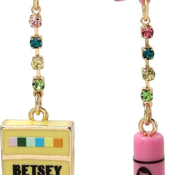 Mismatched Drop Earrings Pink Bow Crayon Glass Metal Womens Jewelry - Picture 1 of 2